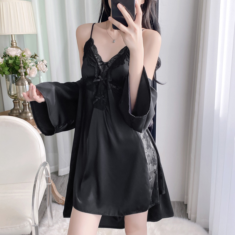 Robe Silk Women - 2 個 V ネックバスローブスーツ女性レースローブガウン親密なナイトガウン春夏アイスシルク着物パジャマランジェリー