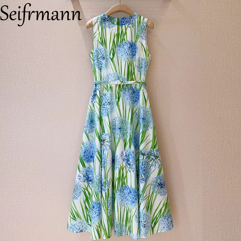 Corset Waist Cinch - Seifrmann 2026 春の女性の新しいファッショナブルなラウンドネックノースリーブコットンプリントベルトウエストシンチングドレス