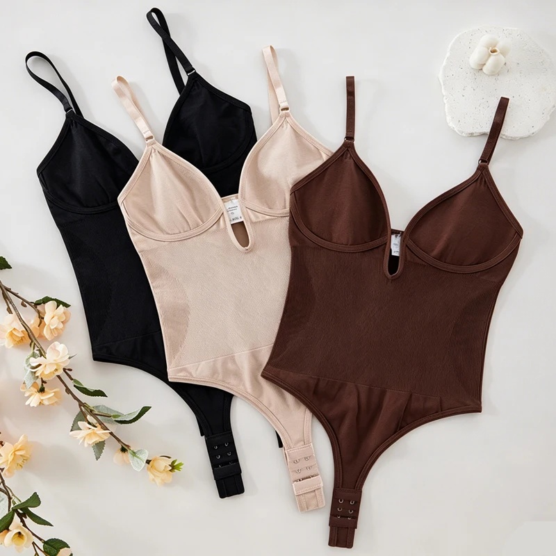 Shapewear Bodysuit Firm - 女性用バックレスボディスーツシェイプウェア、深いVネック、スリミング下着、レディースシームレス通気性お腹コントロールフルボディシェイパー