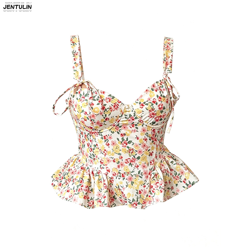 Corset Waist Cinch - 花柄の春夏用レースアップ調節可能なフィッシュボーンコルセット、ウエストを引き締めるラッフルエッジの胸元コットンキャミソール、小型ベスト
