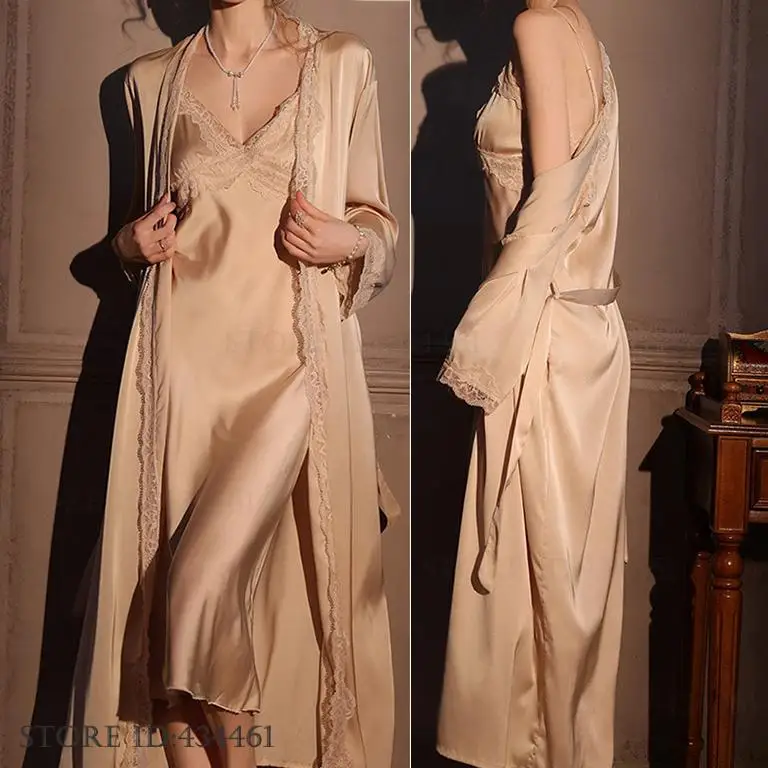 女性ロングローブ 2 個セットエレガントなネグリジェパジャマ - Robe Silk Women のレビューと価格