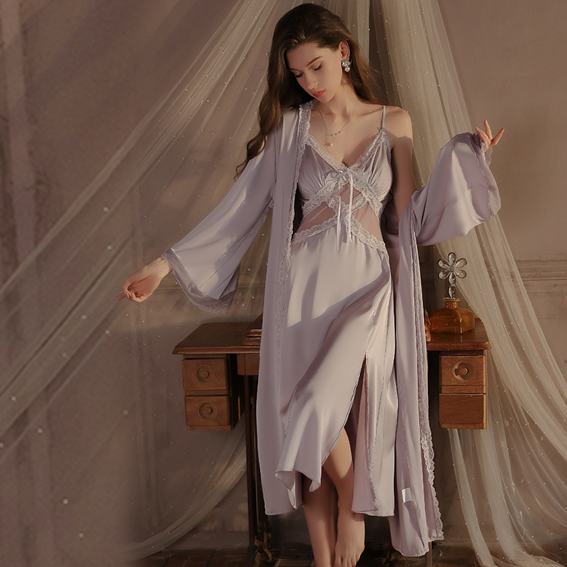 女性用フランス風ロマンチックなスリングナイトドレス、内蔵胸パ - Robe Silk Women のレビューと価格
